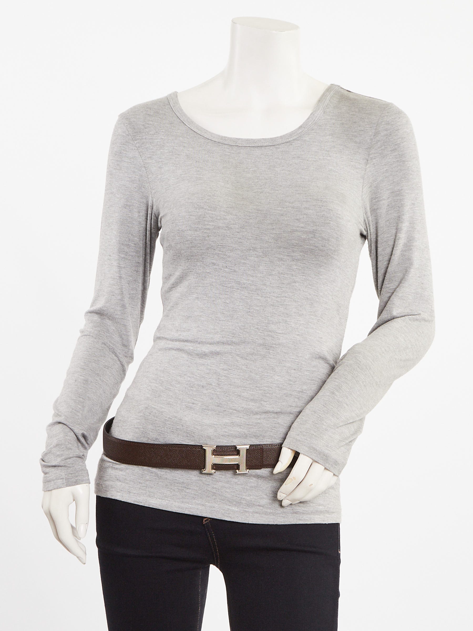 Hermes 32mm Chocolat Epsom/Black Swift Leather Palladium Plated Guilloche Constance H Belt Size 90