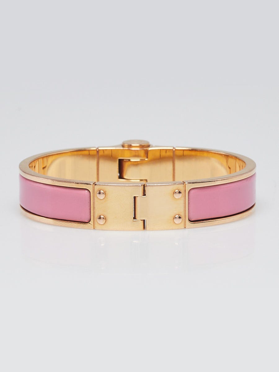 Hermes Pink Enamel Gold Plated Charniere Uni Narrow Bracelet Size S
