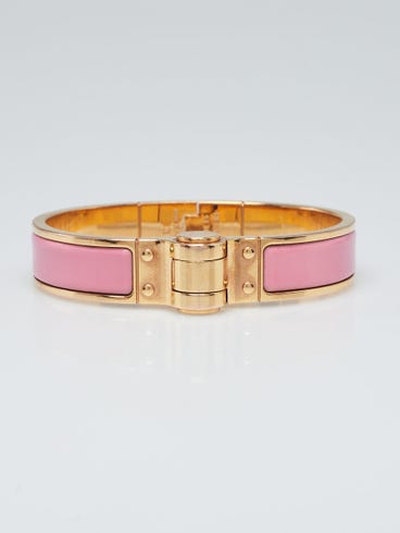 Hermes Pink Enamel Gold Plated Charniere Uni Narrow Bracelet Size S