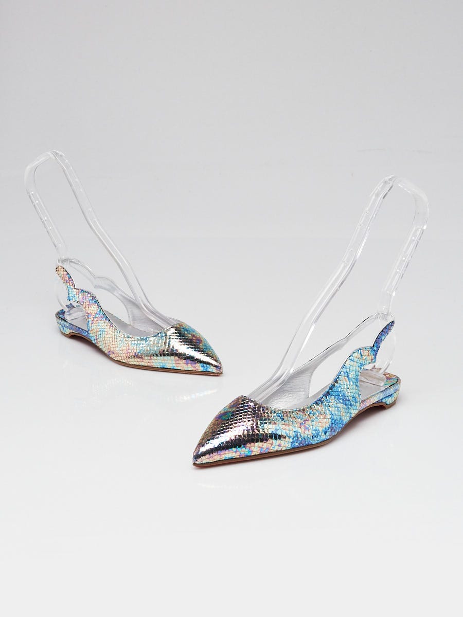 Christian Louboutin Silver Snakeskin Hot Chickita Slingback Flats Size 4.5/35