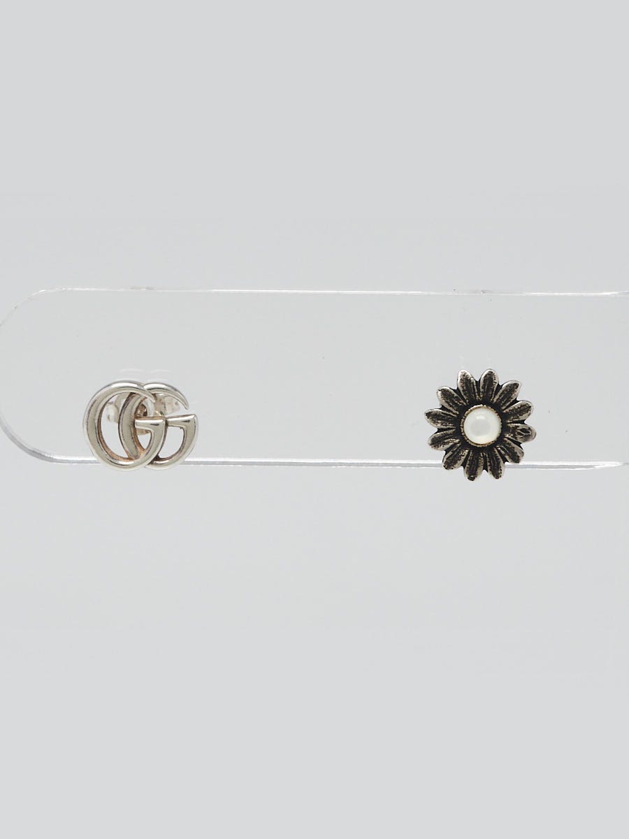 Gucci Sterling Silver and Moonstone GG Flower Stud Earrings