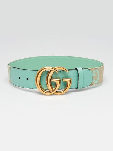 Gucci Beige/Mint Green Canvas Double G Belt Size 65/26