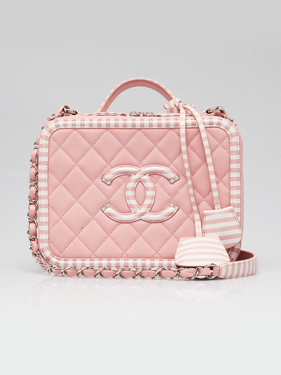 Chanel Pink/White Quilted Caviar Leather Medium Filigree Vanity
