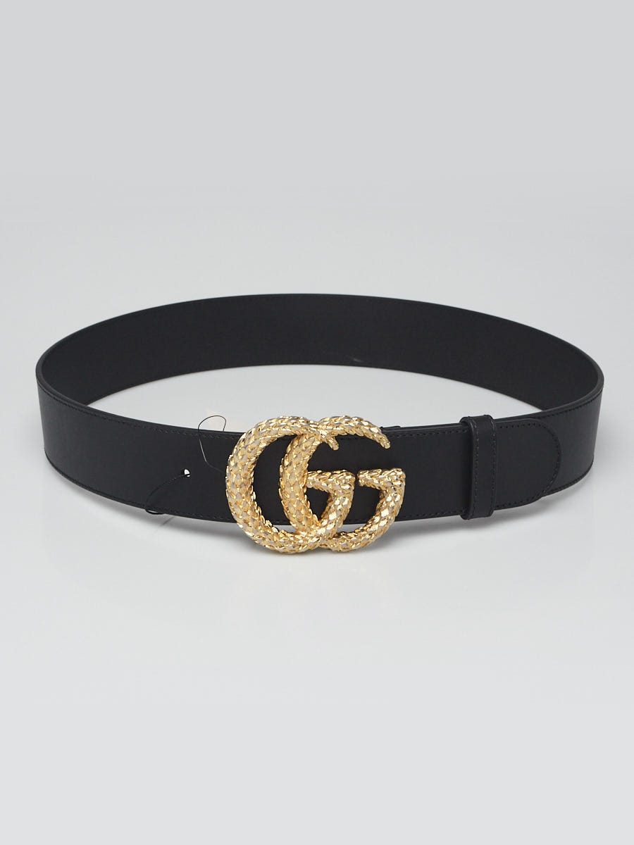 Gucci Black Smooth Leather Wide Textured Double G Belt Size 80/32