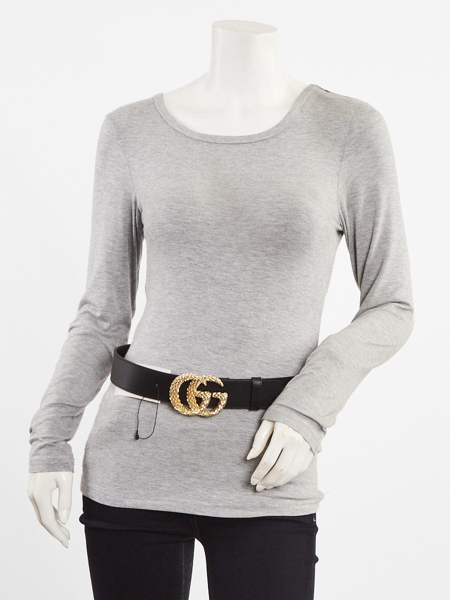 Gucci Black Smooth Leather Wide Textured Double G Belt Size 80/32