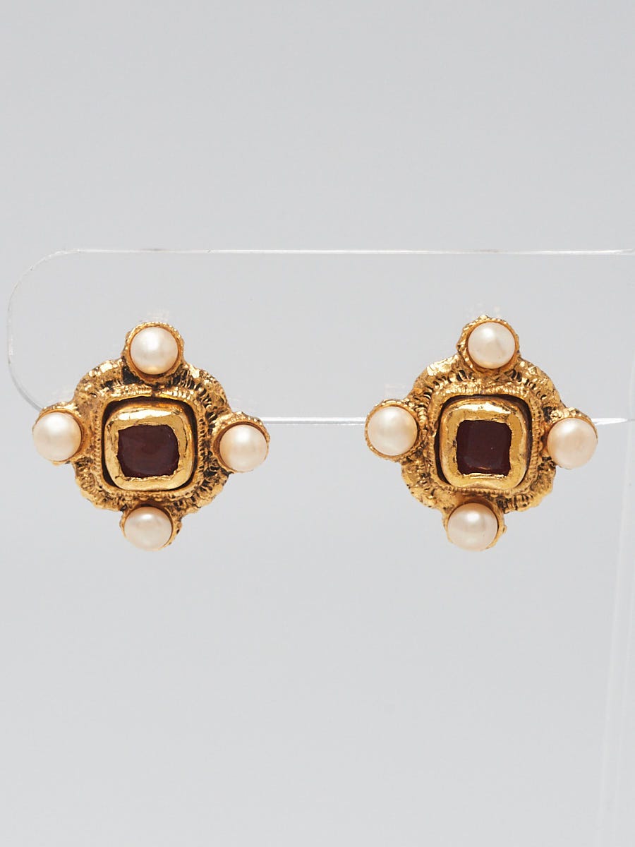 Chanel Red Gripoix Gold Metal and Faux Pearl Stud Earrings