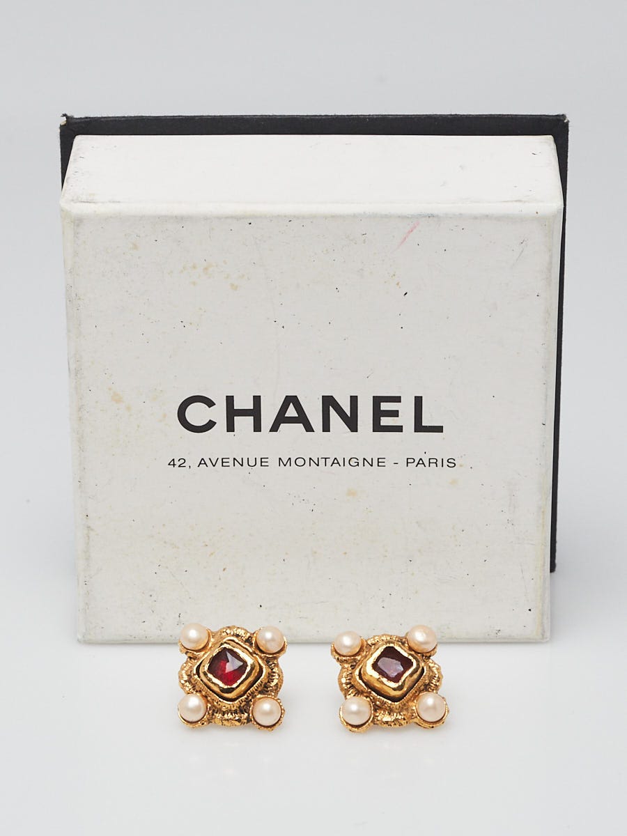 Chanel Red Gripoix Gold Metal and Faux Pearl Stud Earrings