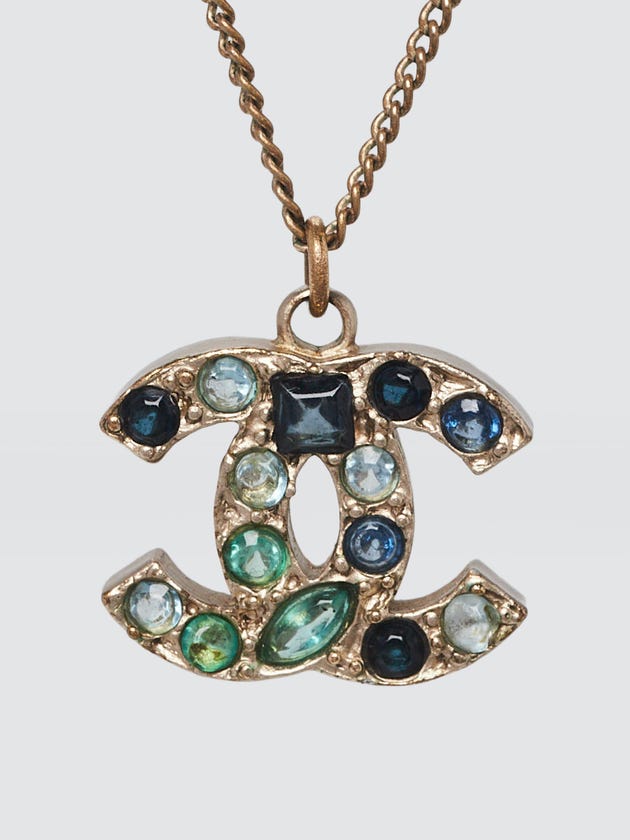 Chanel Gold Metal Blue Crystal CC Pendant Necklace