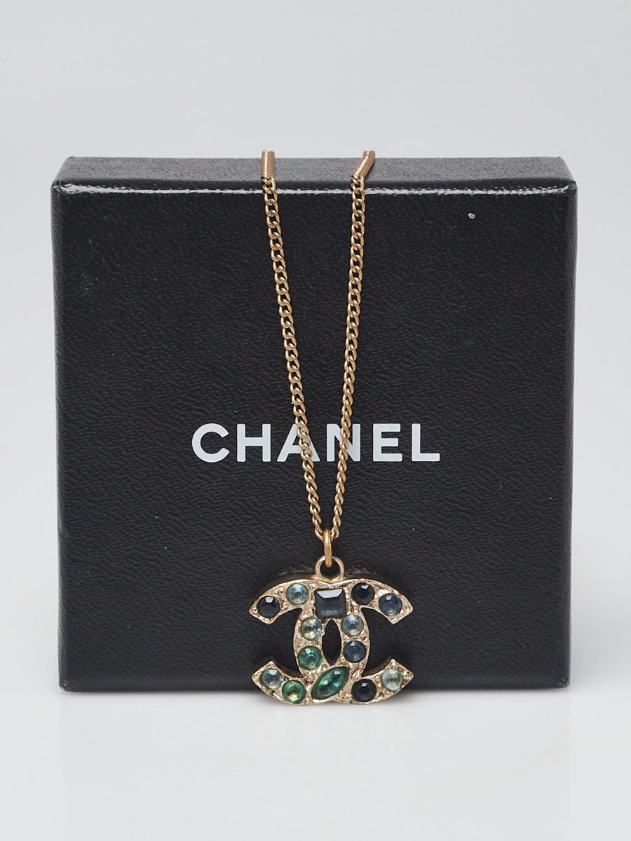Chanel Gold Metal Blue Crystal CC Pendant Necklace