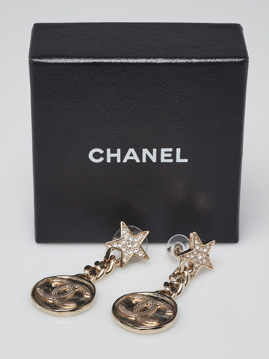 Chanel Gold Metal Crystal CC Star Drop Earrings