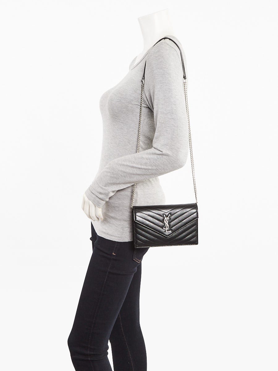Yves Saint Laurent Black Grained Leather Envelope Small Wallet on Chain Bag