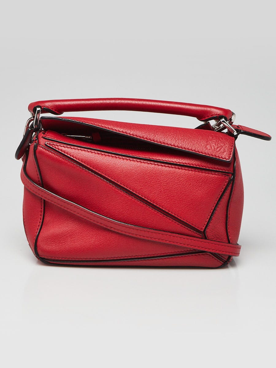 Loewe Red Pebbled Calfskin Leather Mini Puzzle Bag