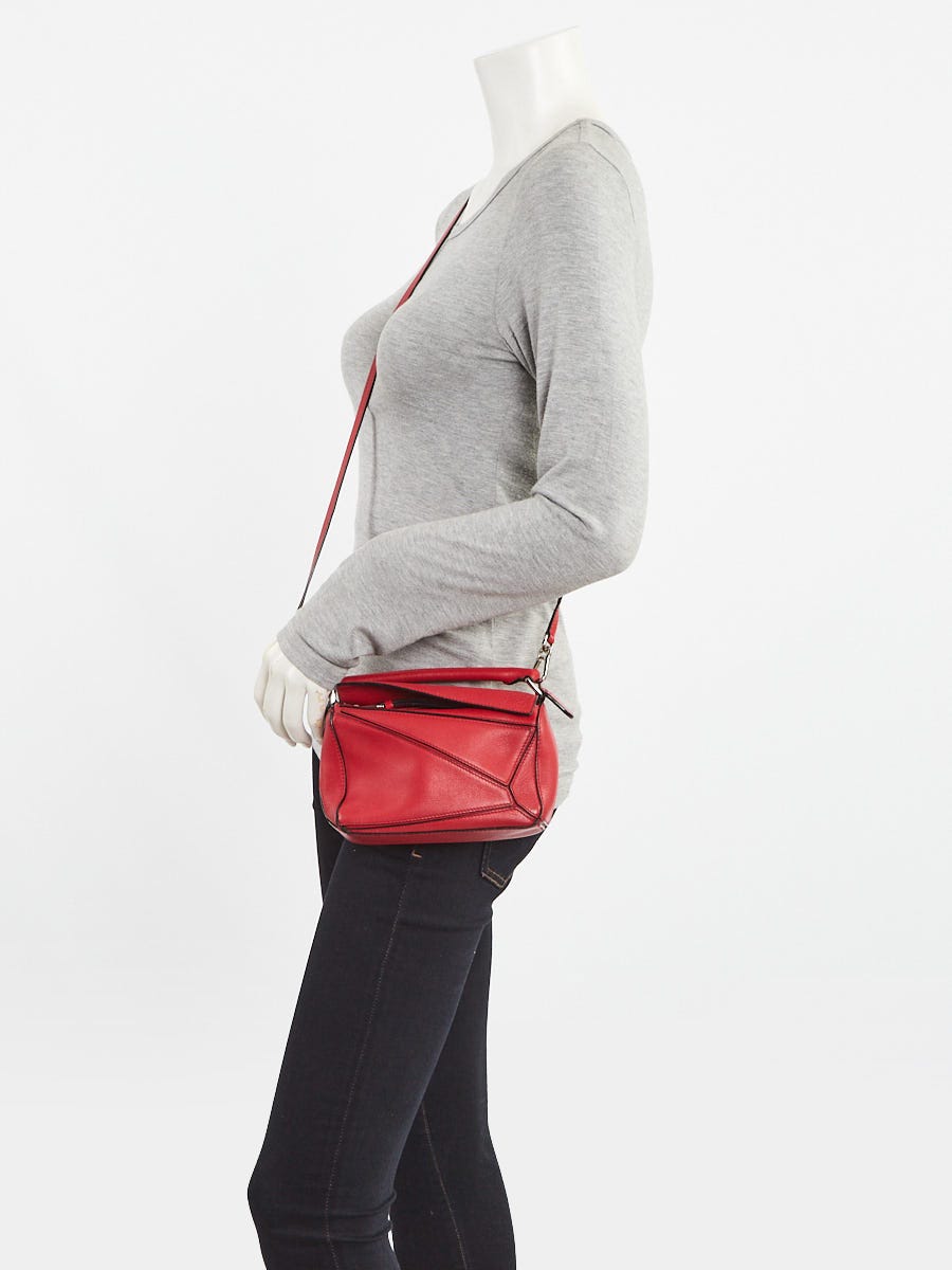 Loewe Red Pebbled Calfskin Leather Mini Puzzle Bag
