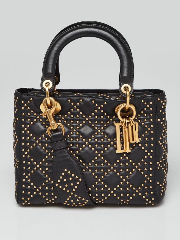 Christian Dior Black Suppled Leather Studded Medium Lady Dior Bag