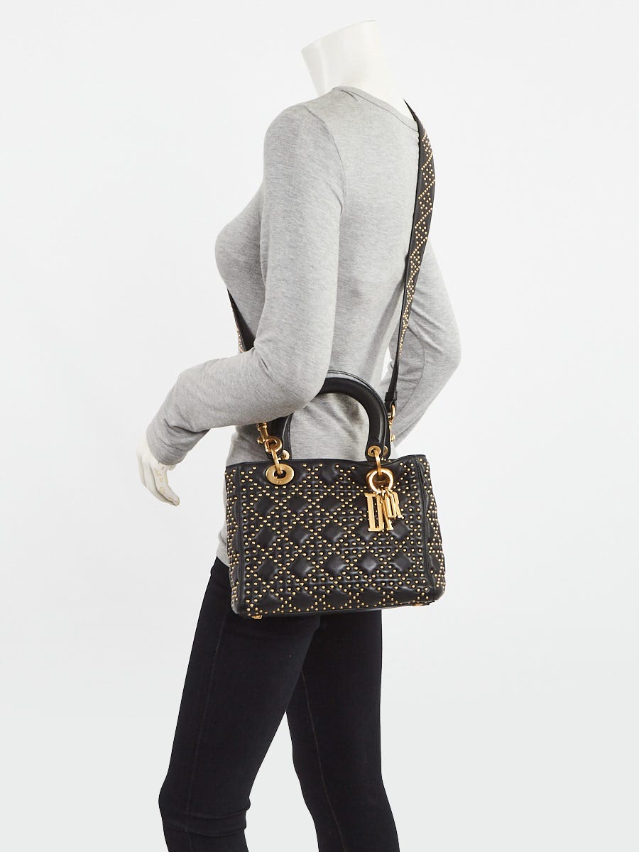 Christian Dior Black Suppled Leather Studded Medium Lady Dior Bag