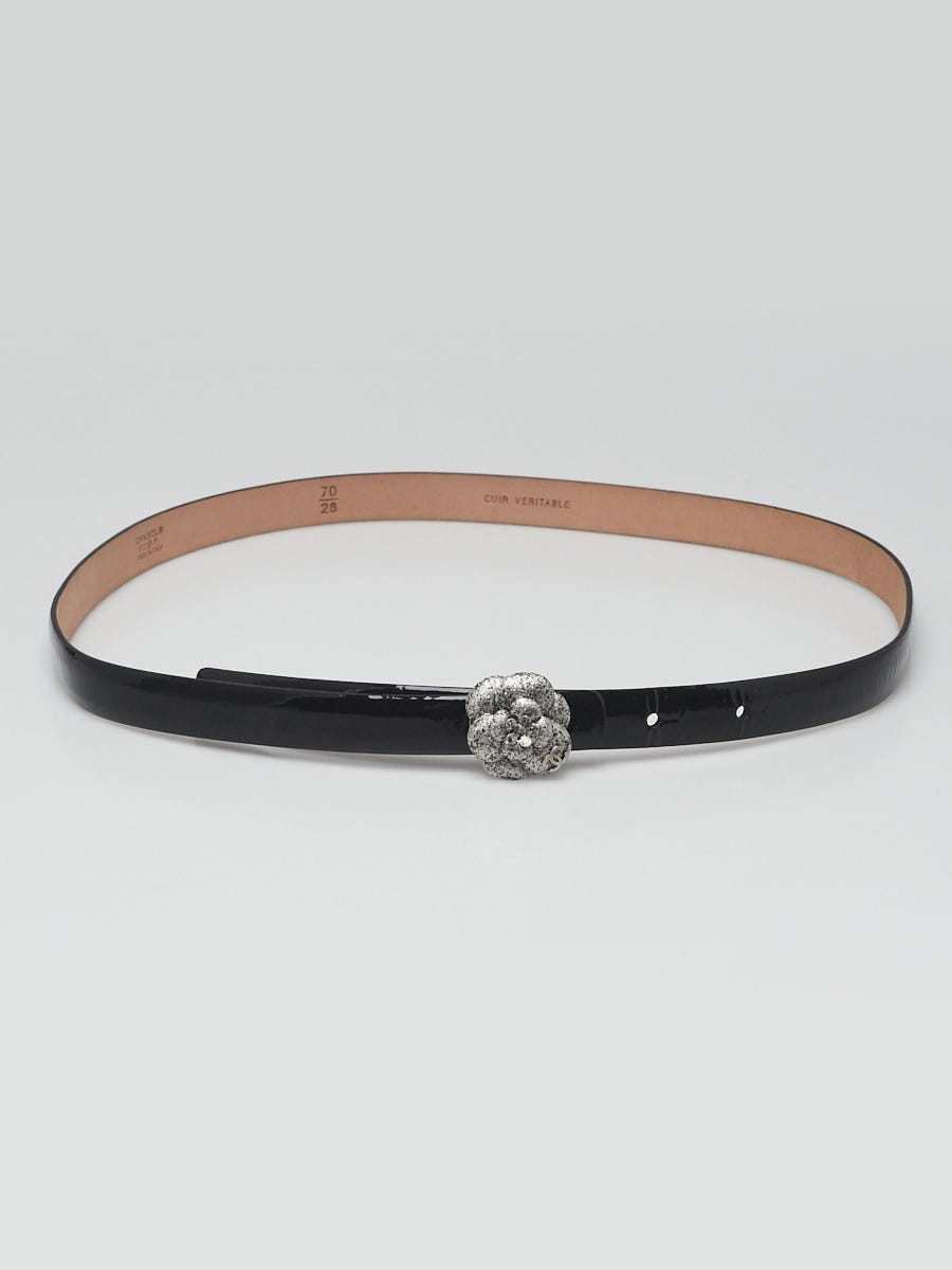 CHANEL ベルト 70/28 Chanel Black Patent Leather Camellia Narrow Belt Size 70/28
