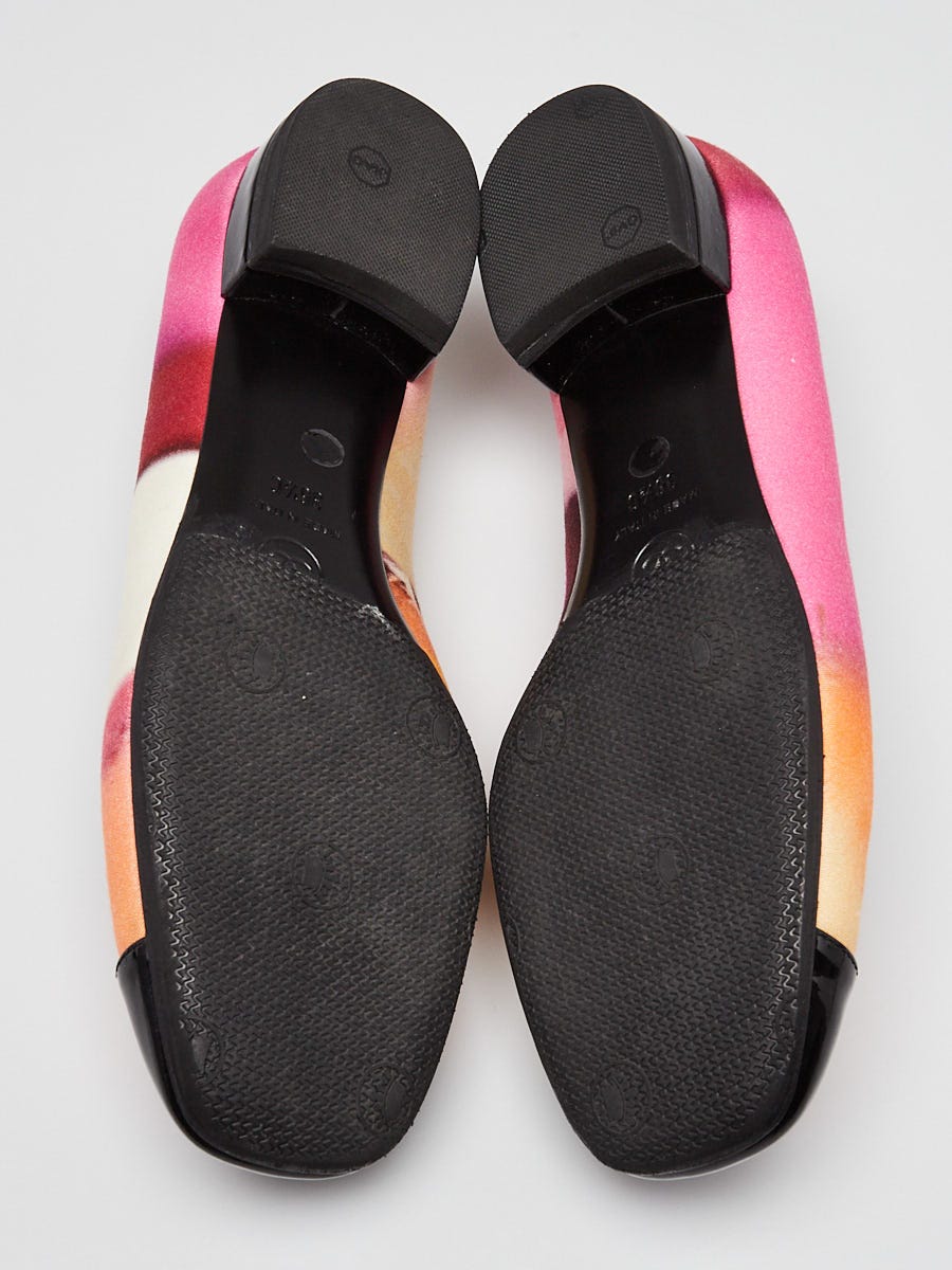 Chanel Watercolor Silk and Patent Leather Cap Toe CC Ballet Flats Size 6/36.5