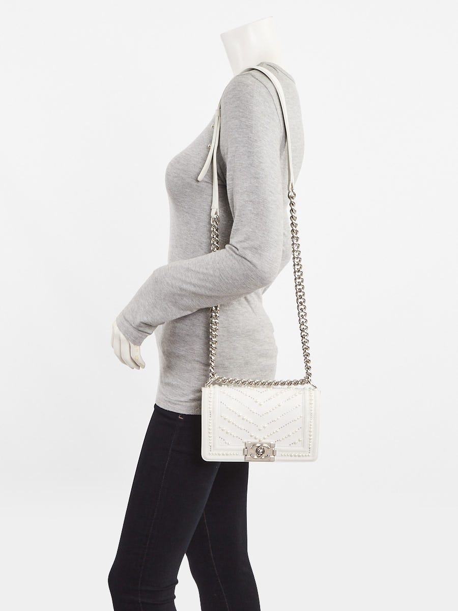 Chanel White Calfskin Leather and Faux Pearl Small Boy Bag