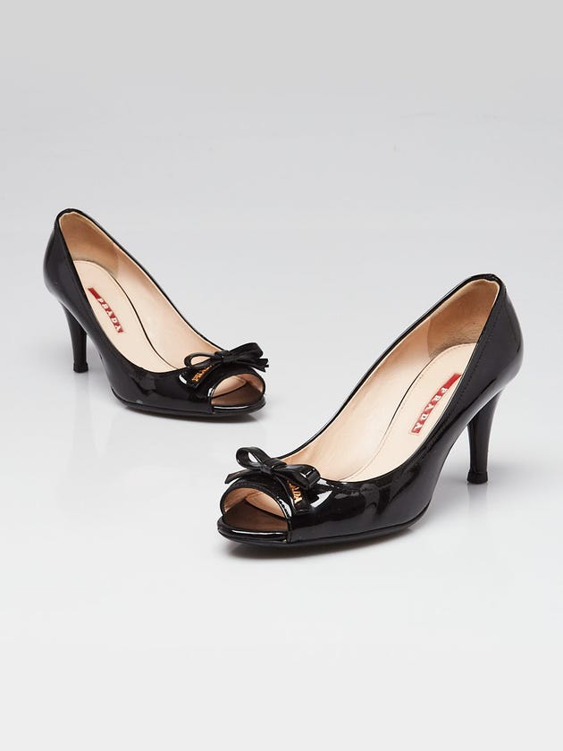 Prada Black Patent Leather Bow Peep Toe Pumps Size 5.5/36