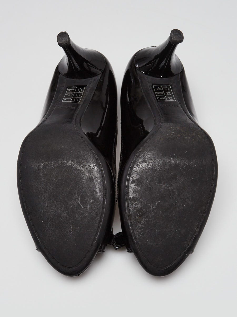 Prada Black Patent Leather Bow Peep Toe Pumps Size 5.5/36