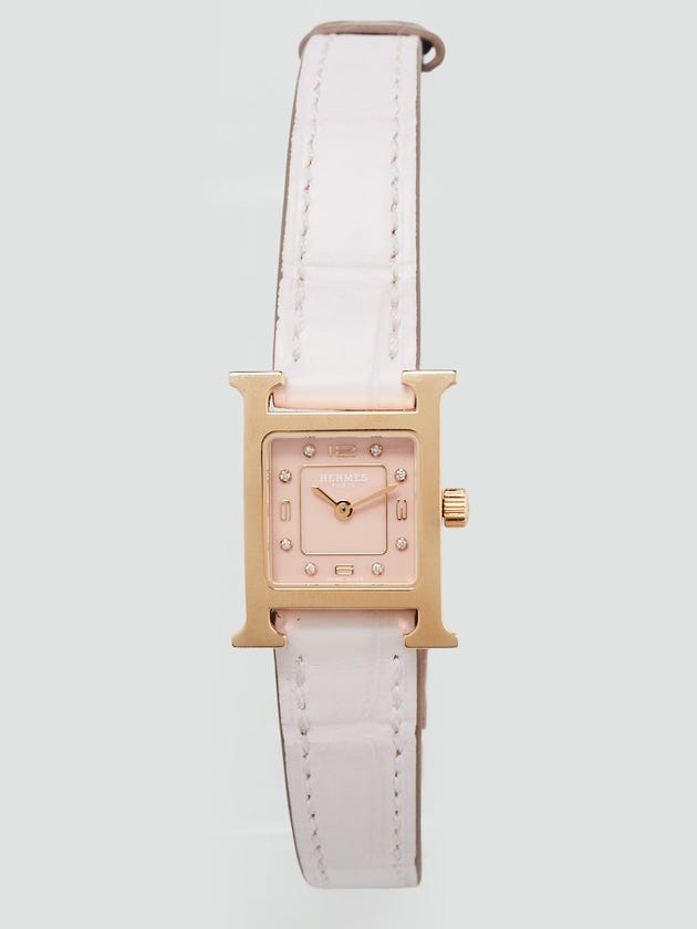 Hermes 21mm Rose Gold Plated Diamond Lavender Alligator Heure Mini H Quartz Watch HH1.102