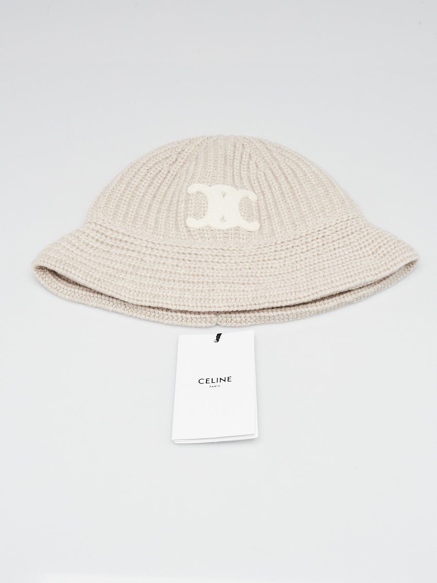 Celine Beige Cashmere Knit Triomphe Bucket Hat Size TU