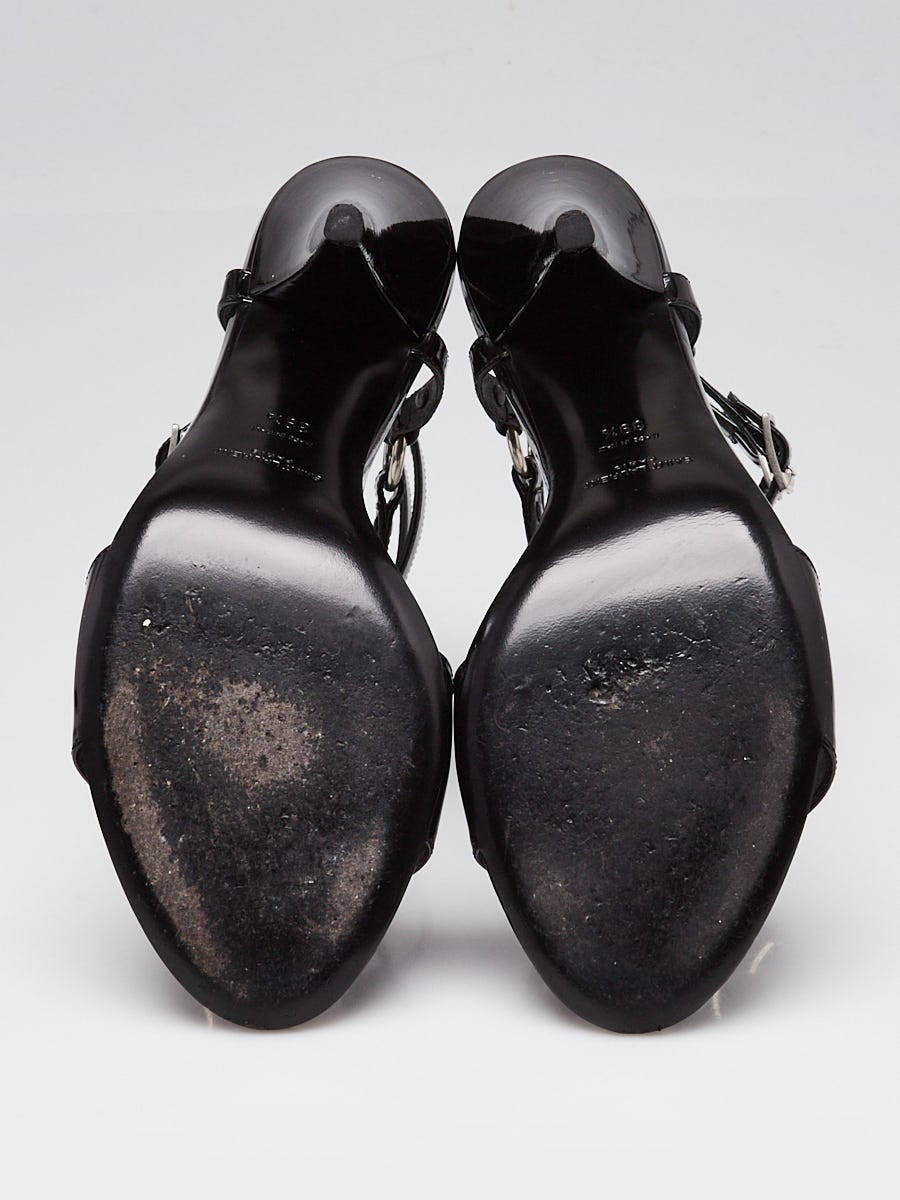 Yves Saint Laurent Black Patent Leather Ankle Wrap Fetish 105 Sandals Size 9/39.5