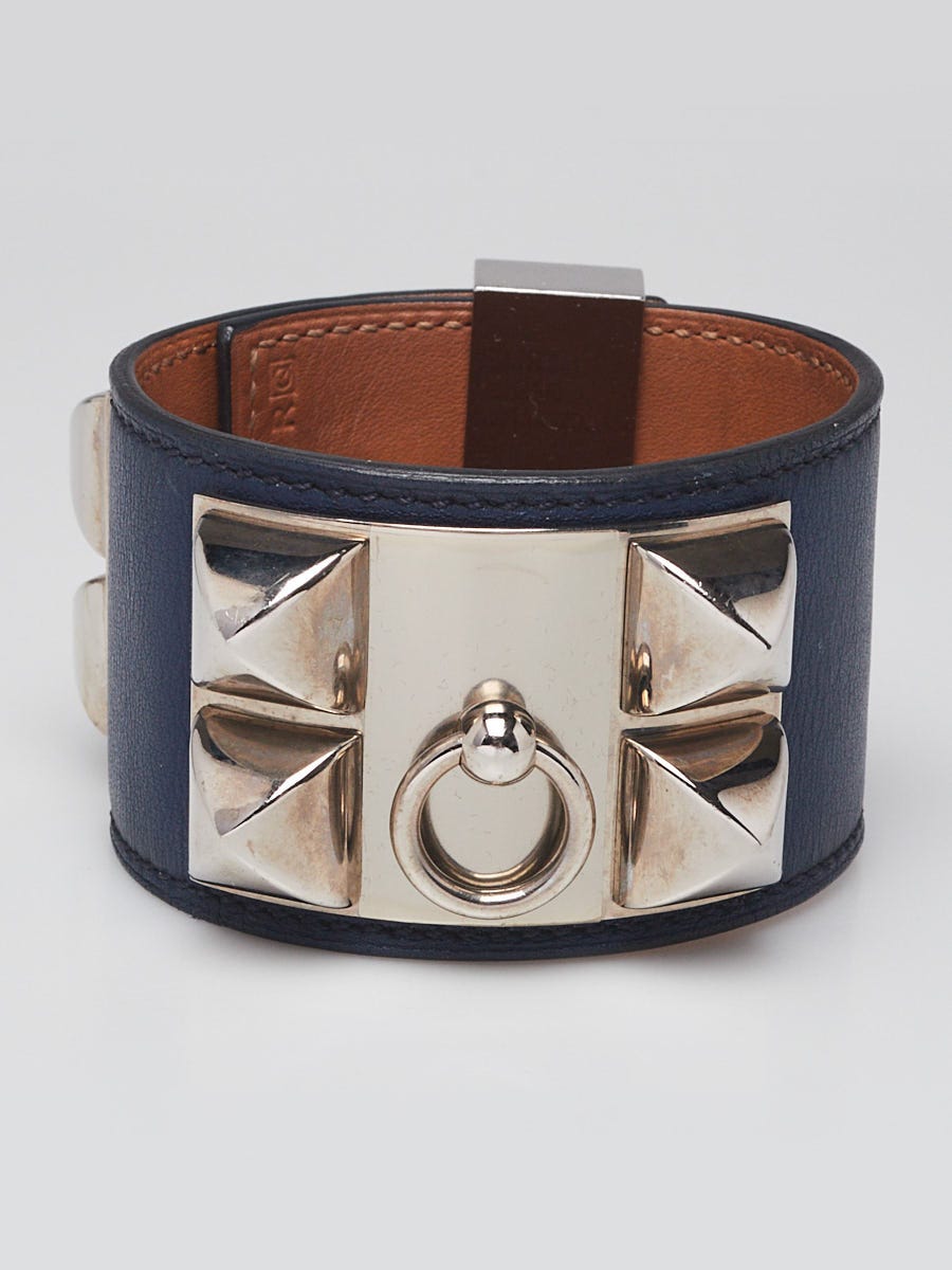 Hermes Bleu Saphir Swift Leather Palladium Plated Collier de Chien Bracelet Size Small