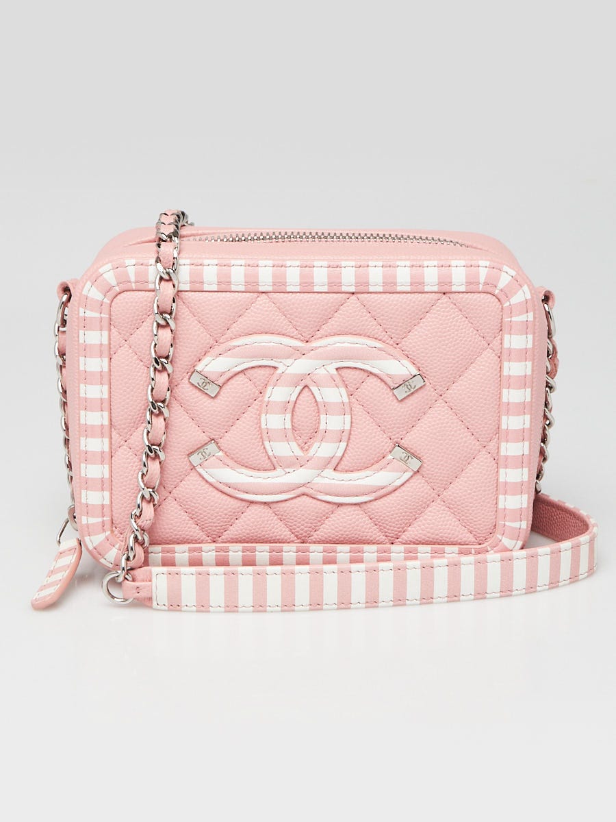 Chanel Pink/White Quilted Caviar Leather Filigree Vanity Clutch