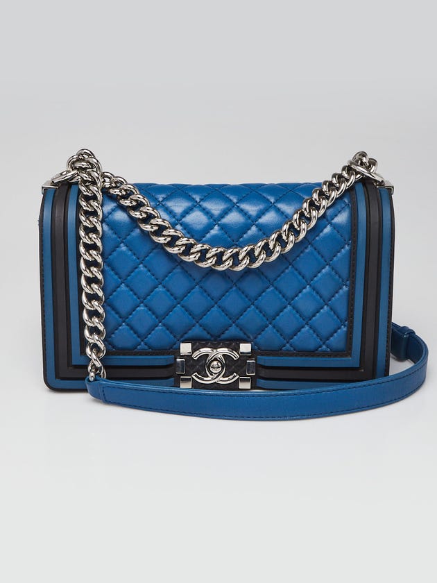 Chanel Blue/Black Quilted Lambskin Leather Old Medium Boy Bag