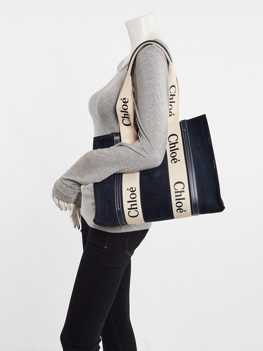 Chloe Blue Suede/Canvas Medium Woody Tote Bag