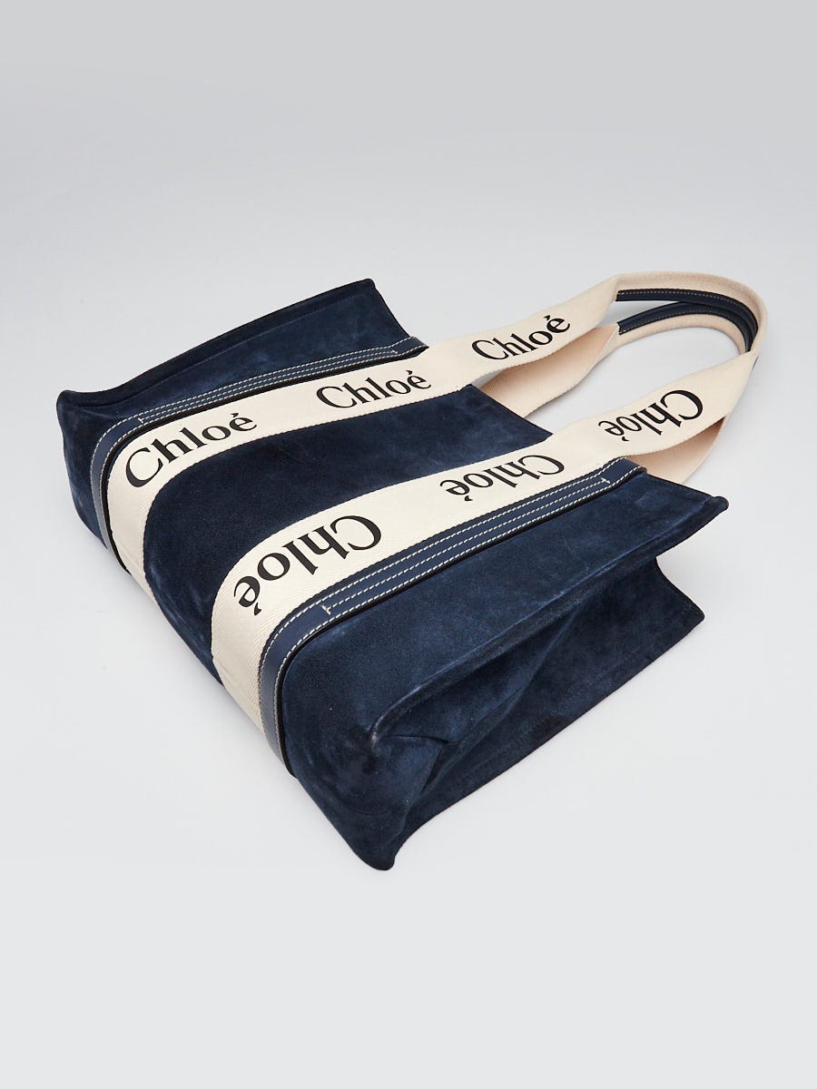Chloe Blue Suede/Canvas Medium Woody Tote Bag | Yoogi