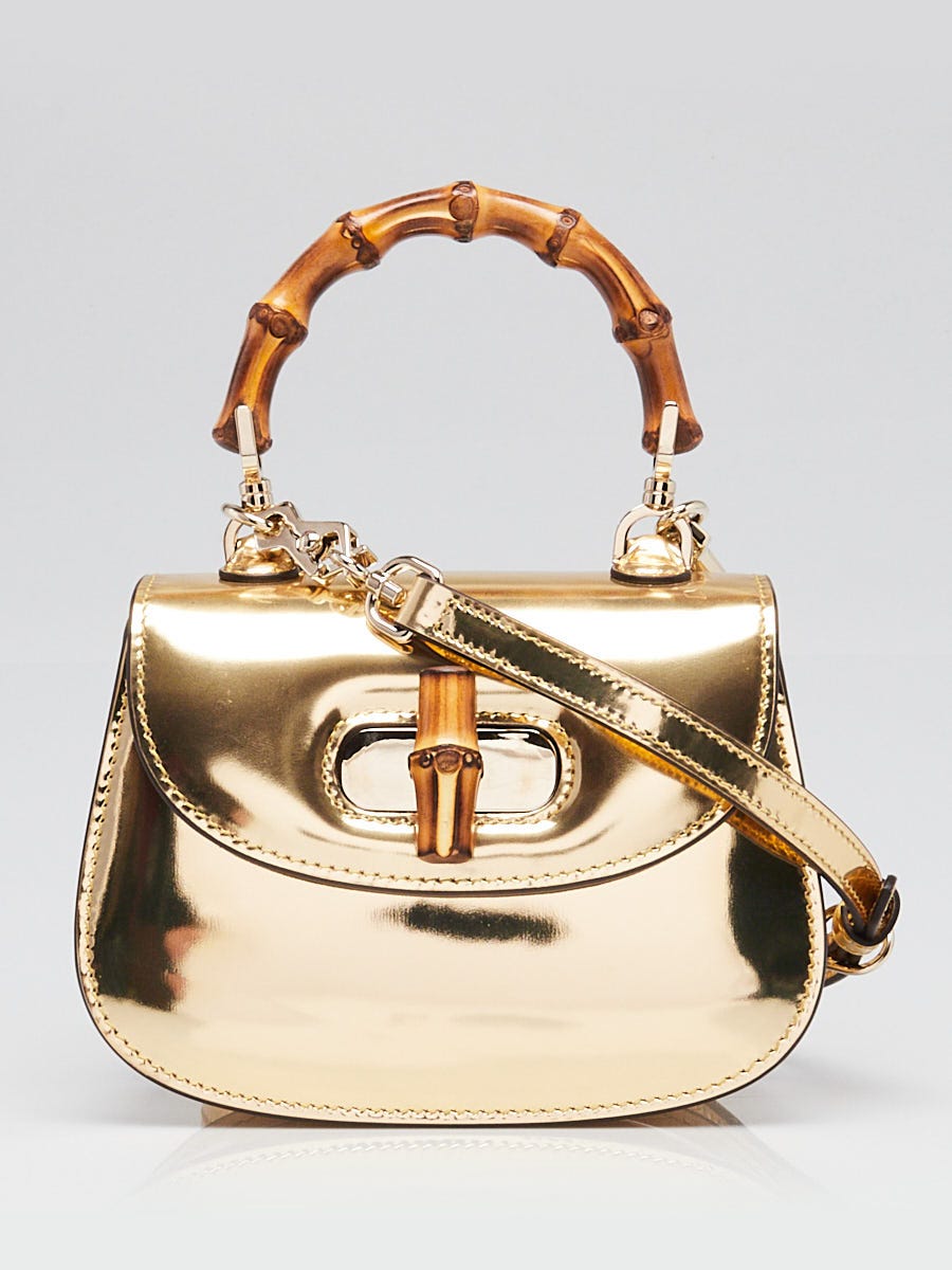 Gucci Gold Metallic Patent Leather Mini 1947 Bamboo Top Handle BAg