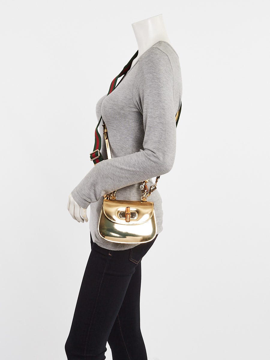 Gucci Gold Metallic Patent Leather Mini 1947 Bamboo Top Handle BAg