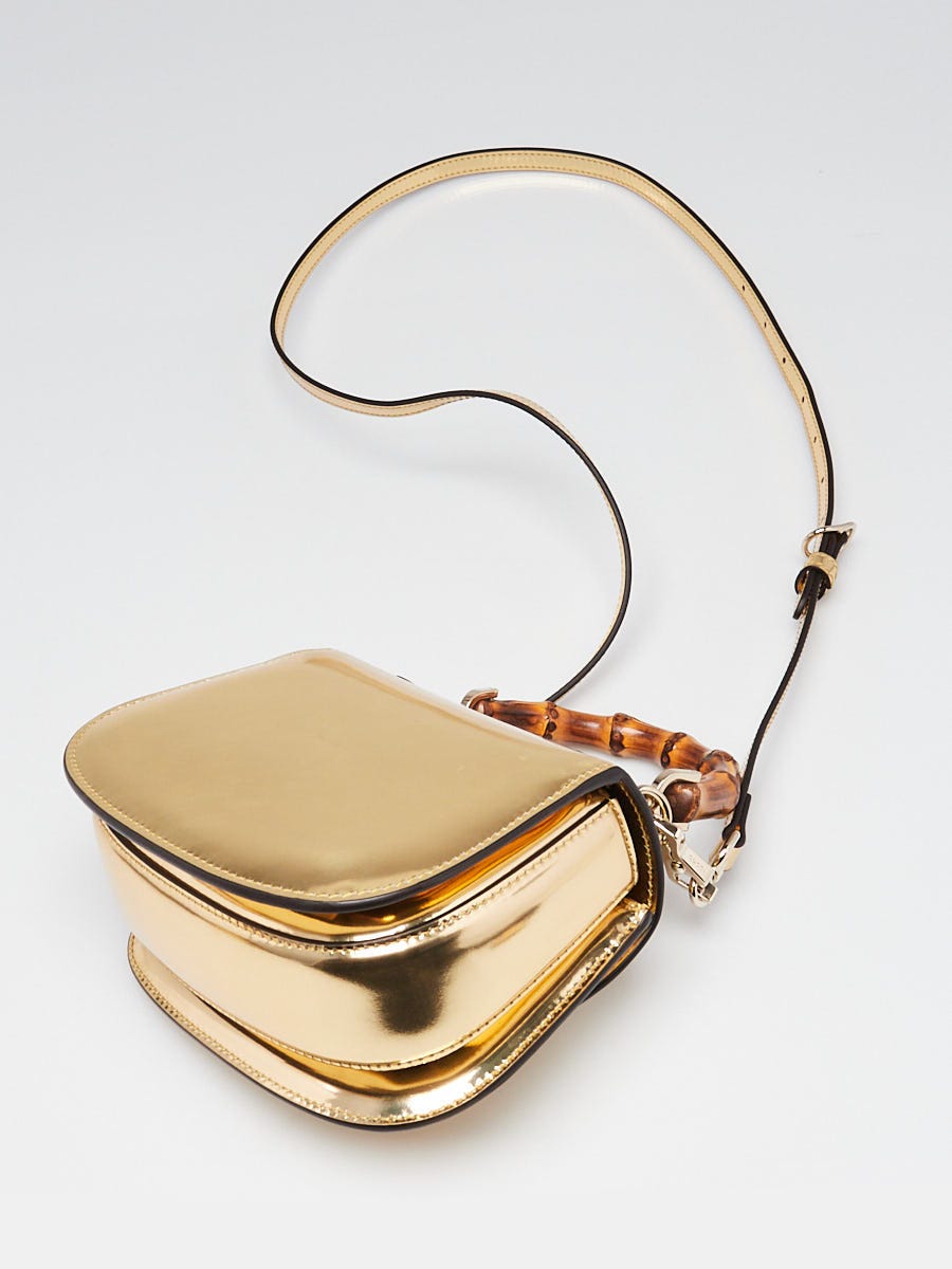 Gucci Gold Metallic Patent Leather Mini 1947 Bamboo Top Handle BAg