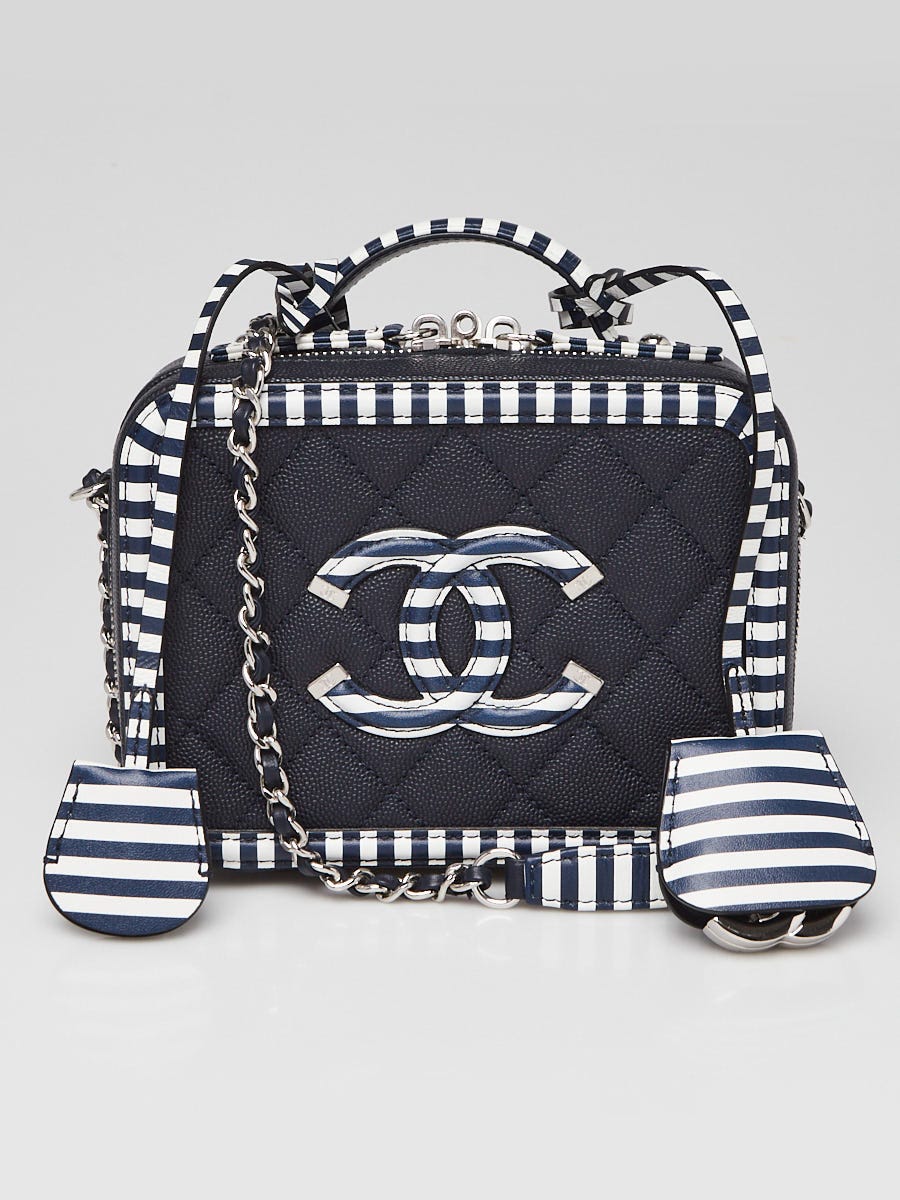 Chanel Navy Blue/White Quilted Caviar Leather Filigree Small