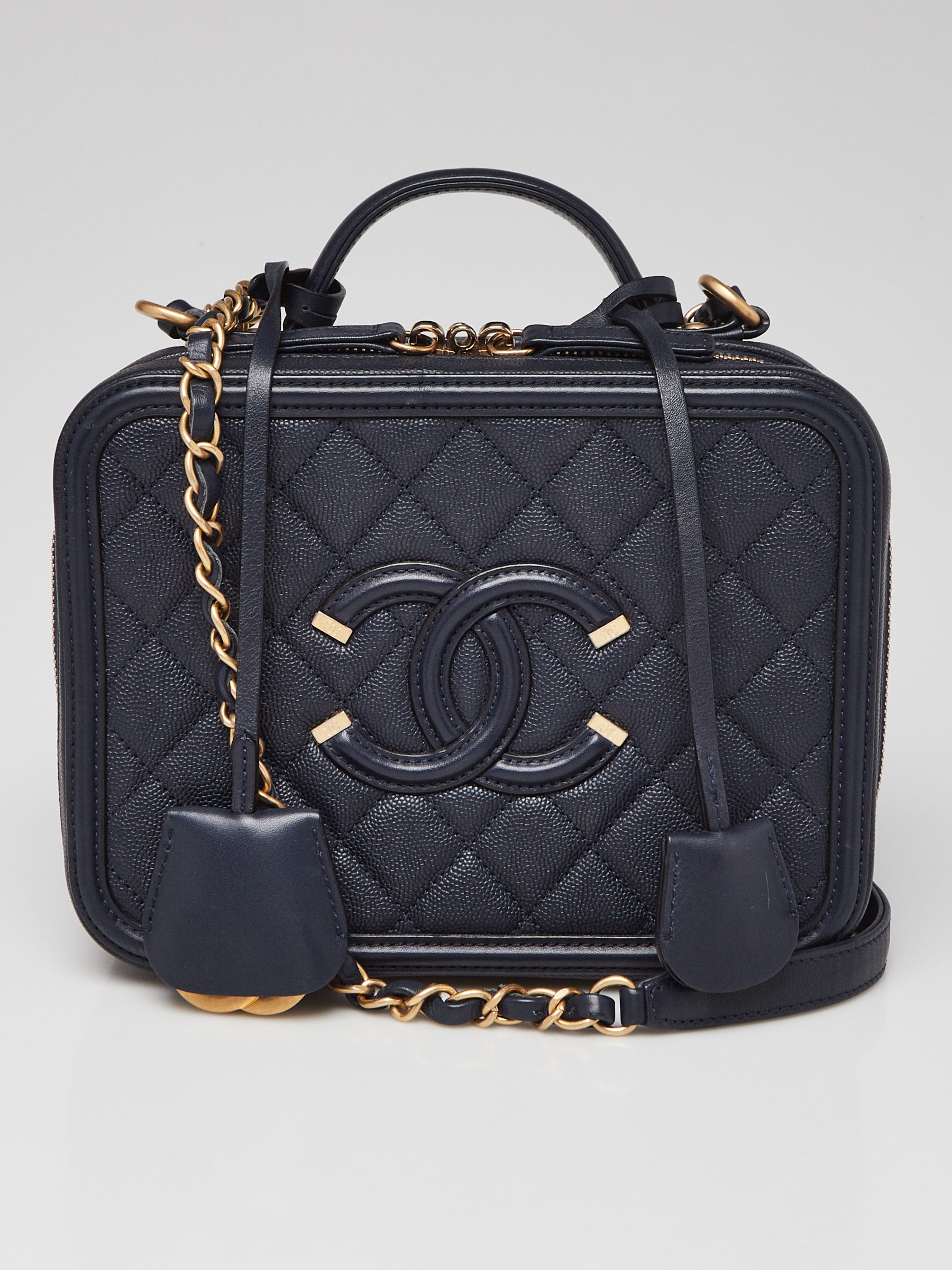 Chanel Navy Blue Quilted Caviar Leather Medium Filigree Vanity Case Bag