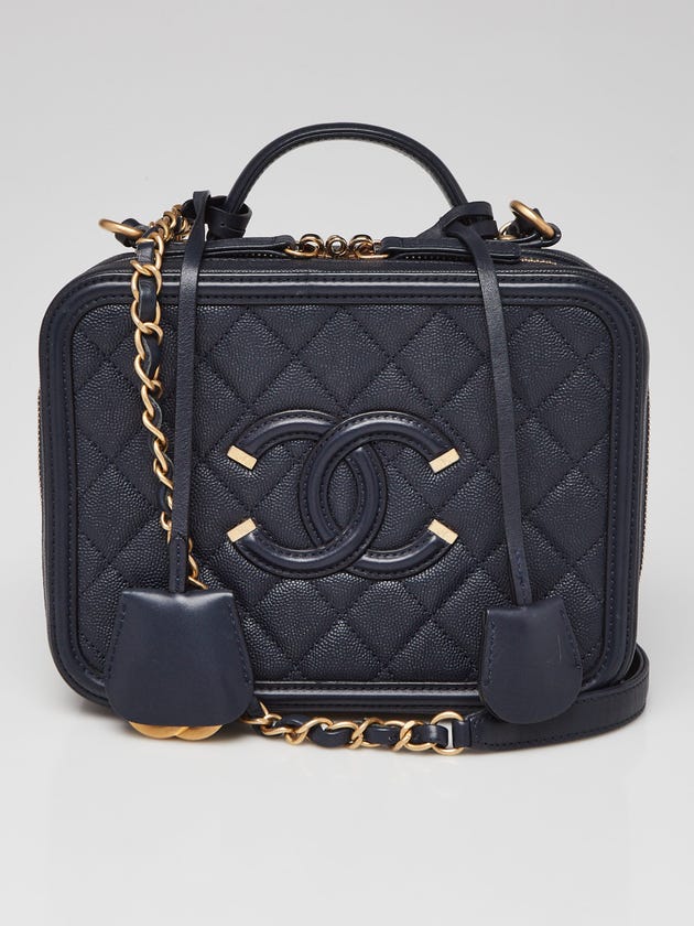 Chanel Navy Blue Quilted Caviar Leather Medium Filigree Vanity Case Bag