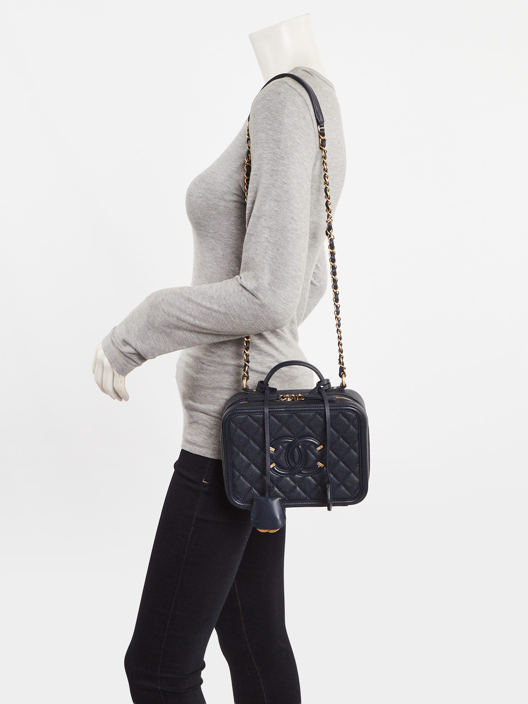 Chanel Navy Blue Quilted Caviar Leather Medium Filigree Vanity Case Bag