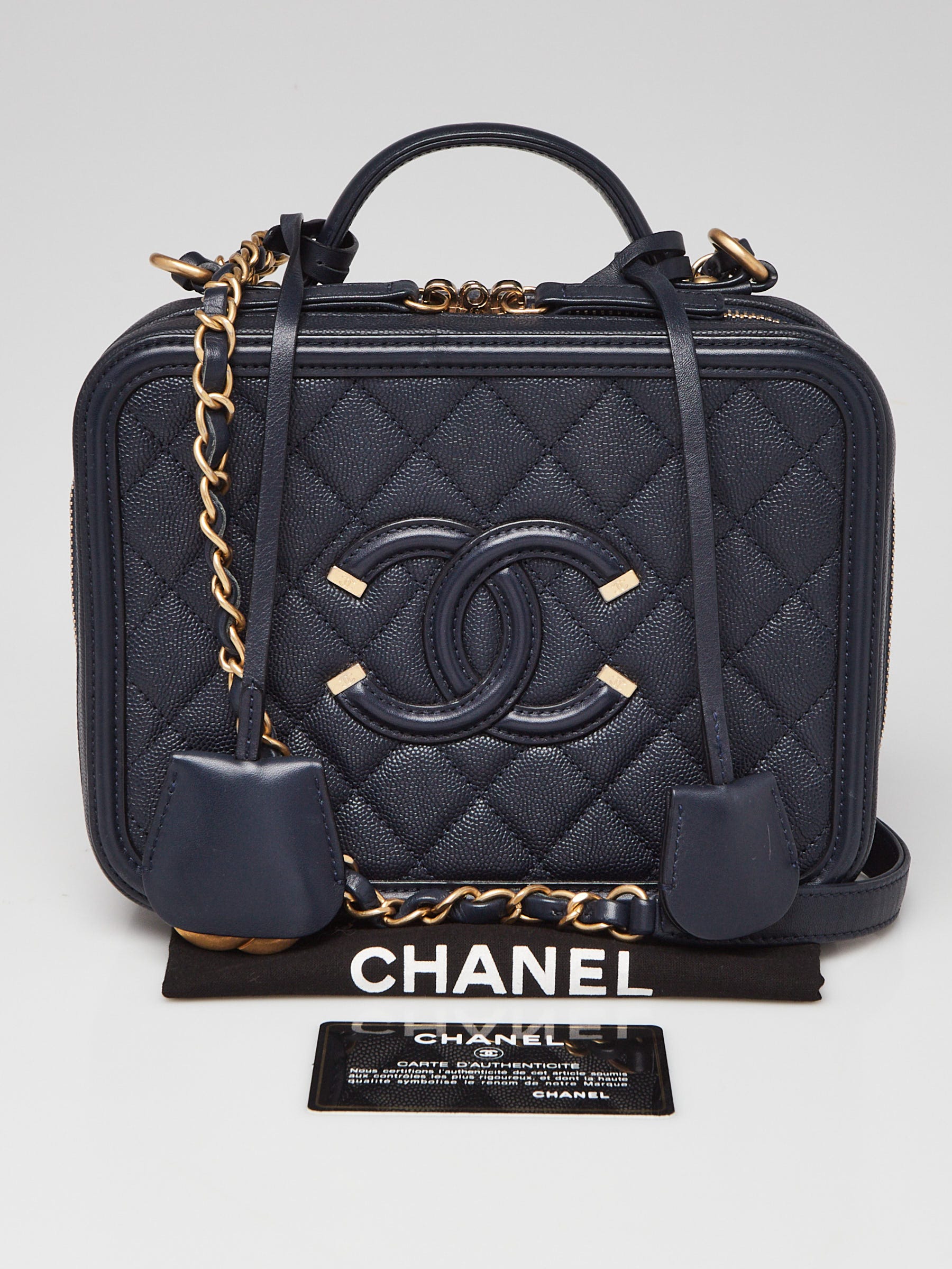 Chanel Navy Blue Quilted Caviar Leather Medium Filigree Vanity