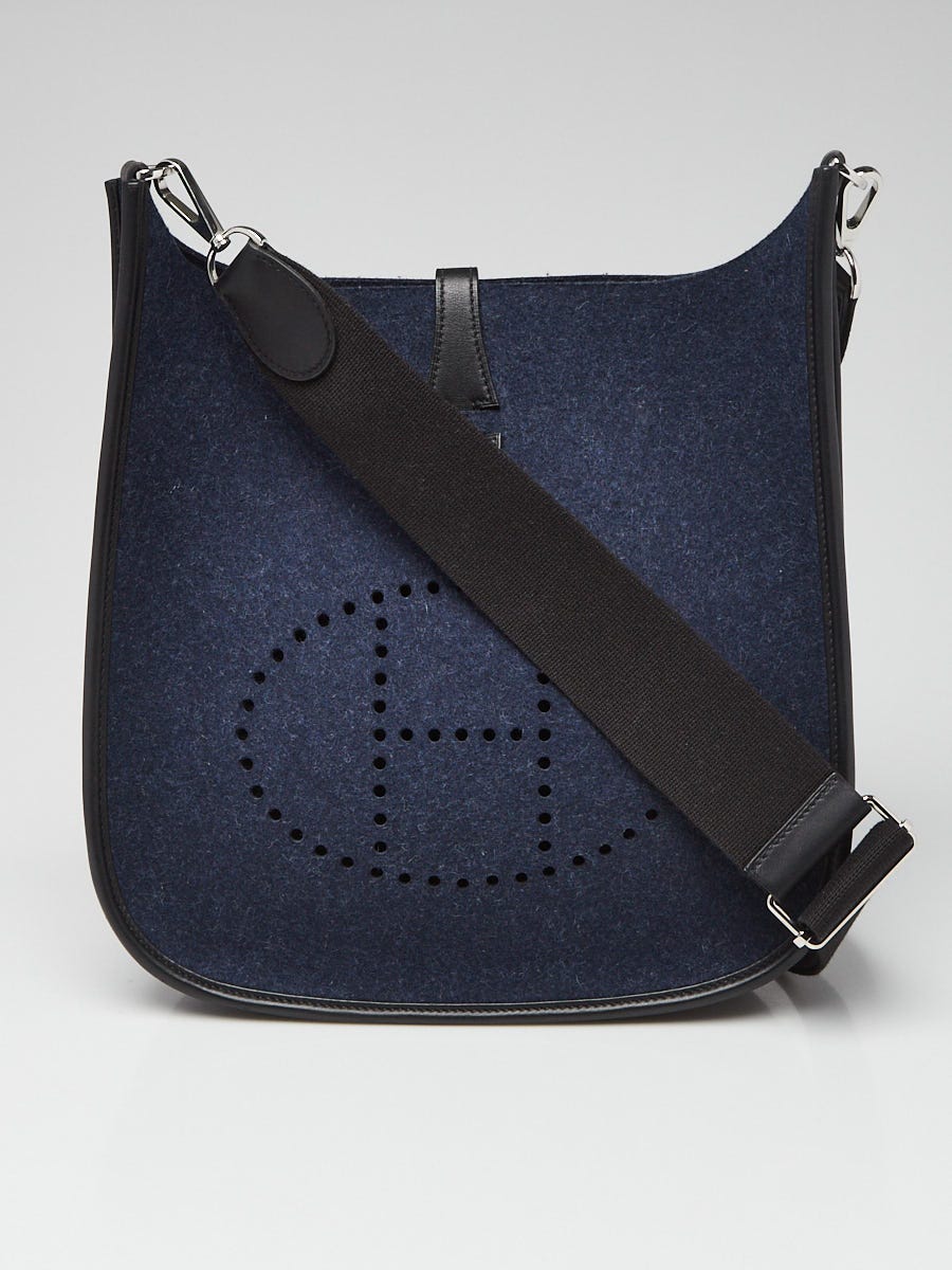 Hermes Blue Feutre Wool/Black Swift Leather Palladium Plated Evelyne PM III Bag