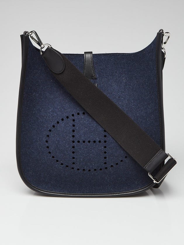 Hermes Blue Feutre Wool/Black Swift Leather Palladium Plated Evelyne PM III Bag