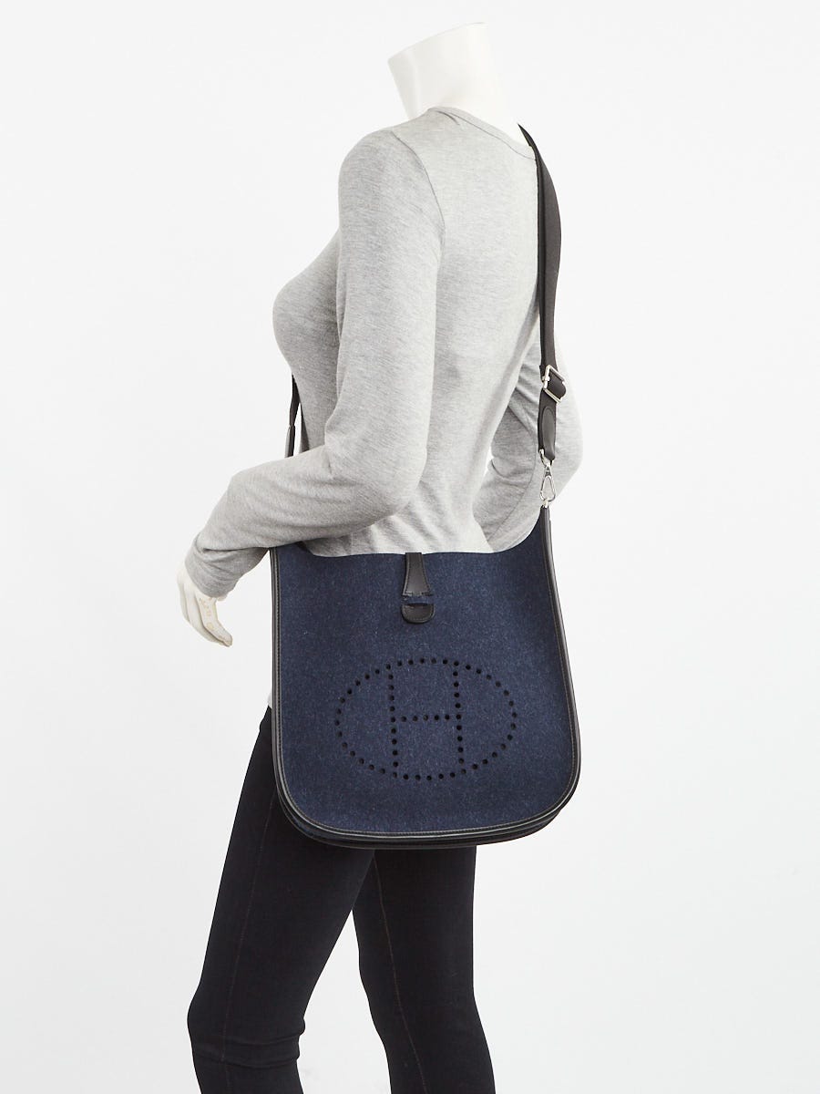 Hermes Blue Feutre Wool/Black Swift Leather Palladium Plated Evelyne PM III Bag