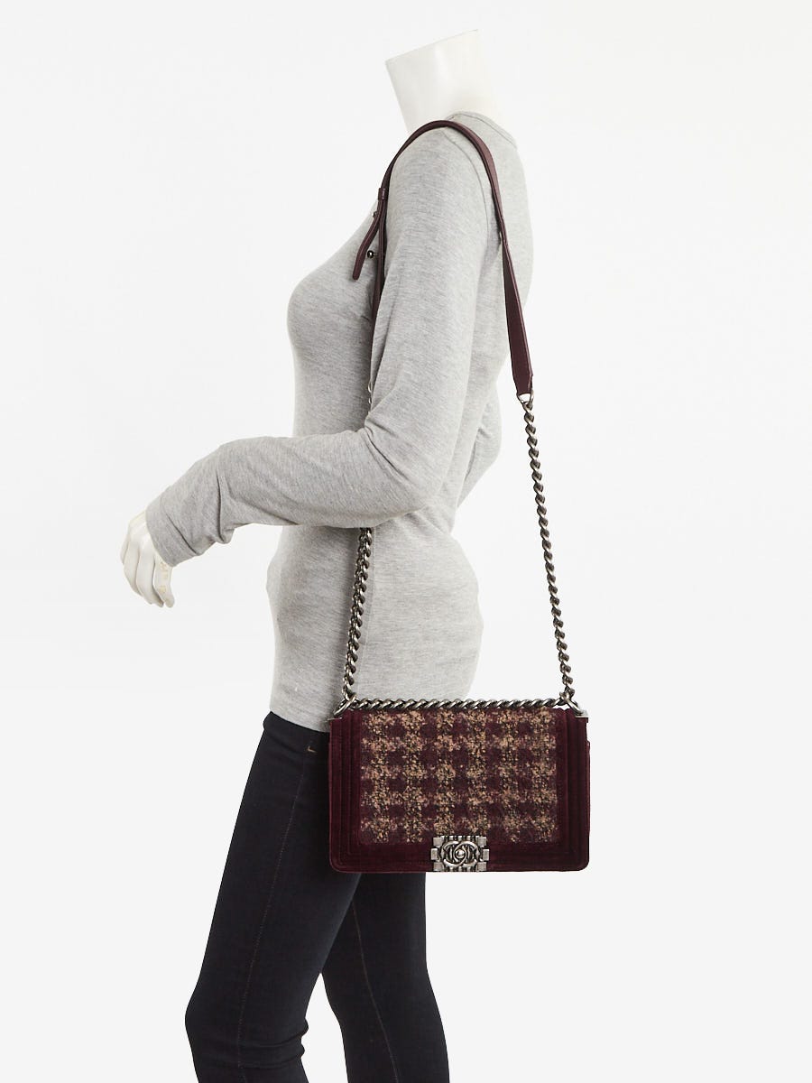 Chanel Dark Red Velvet and Quilted Plaid Tweed Paris-Edinburgh Medium Boy Bag