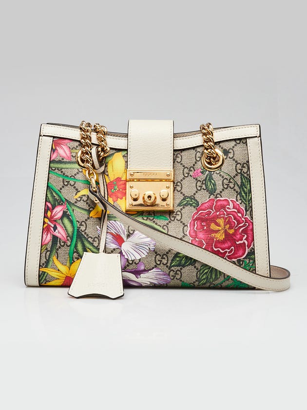 Gucci Beige Flora Print GG Coated Canvas Small Padlock Shoulder Bag