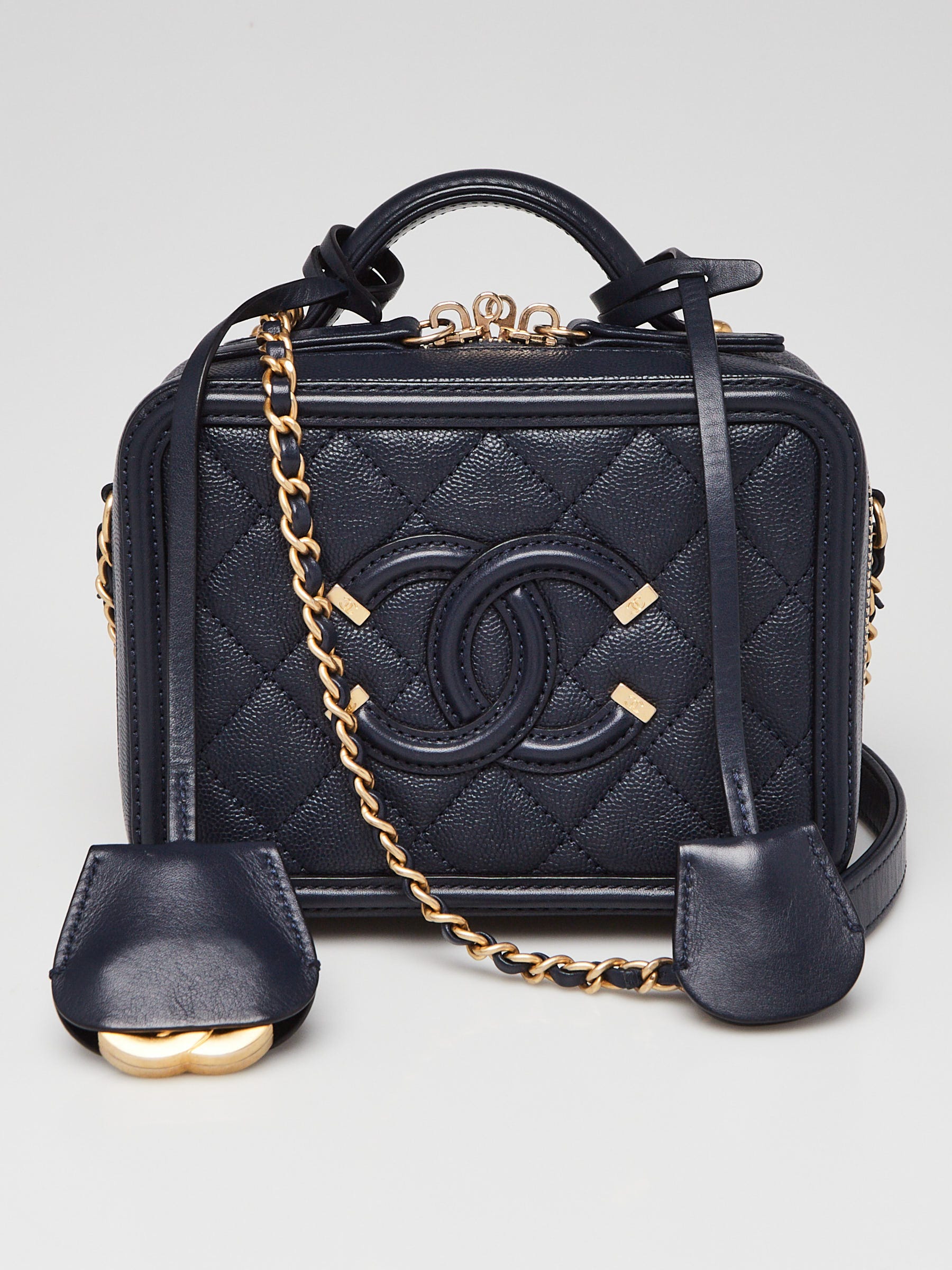 Chanel Blue Quilted Caviar Leather Filigree Small Vanity Case Bag