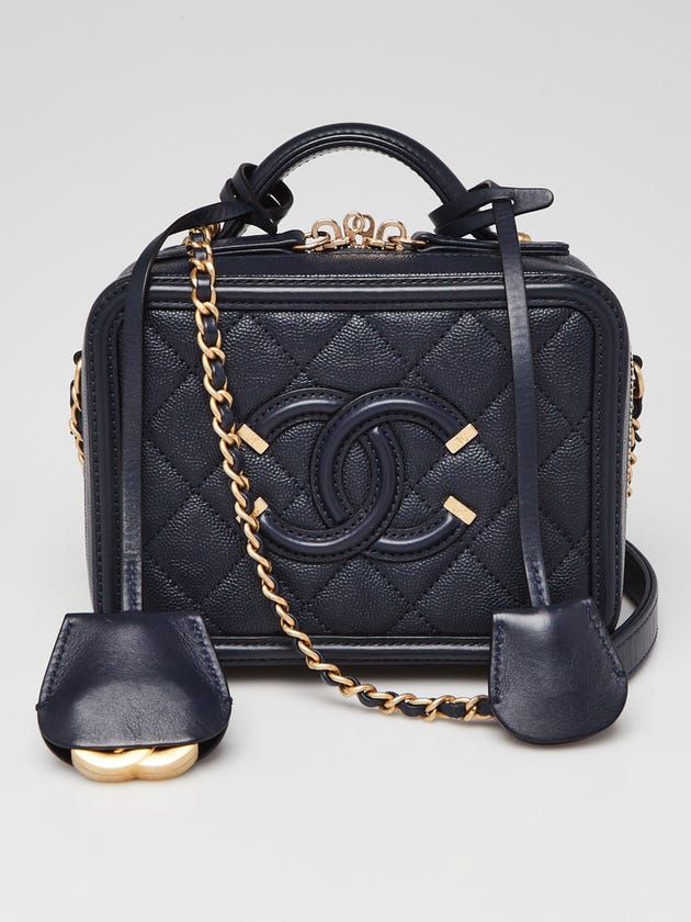 Chanel Blue Quilted Caviar Leather Filigree Small Vanity Case Bag