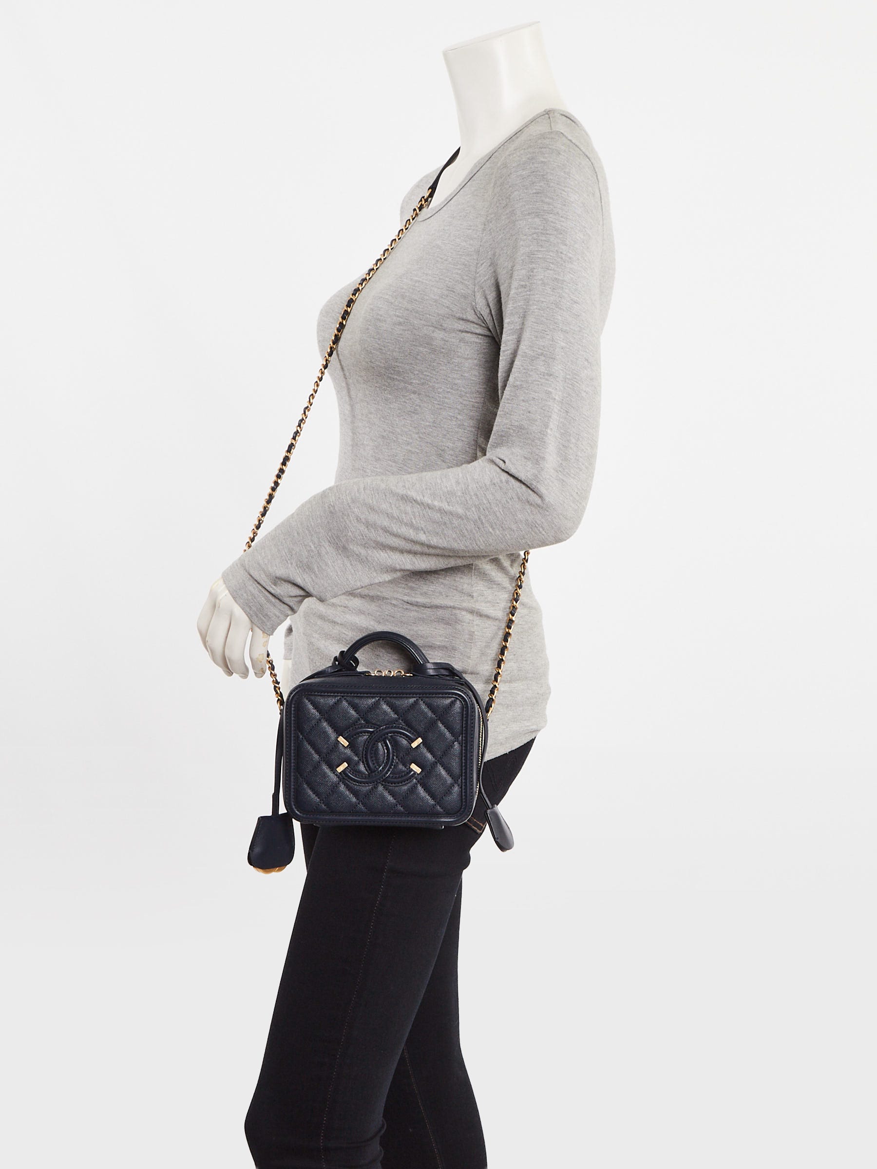 Chanel Blue Quilted Caviar Leather Filigree Small Vanity Case Bag