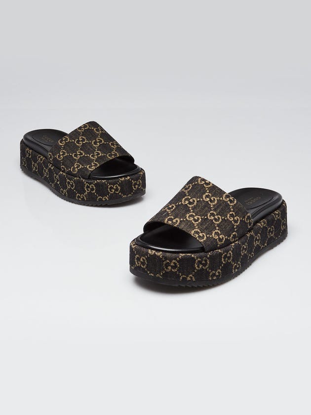 Gucci Black GG Denim Platform Slide Sandals Size 7.5/38