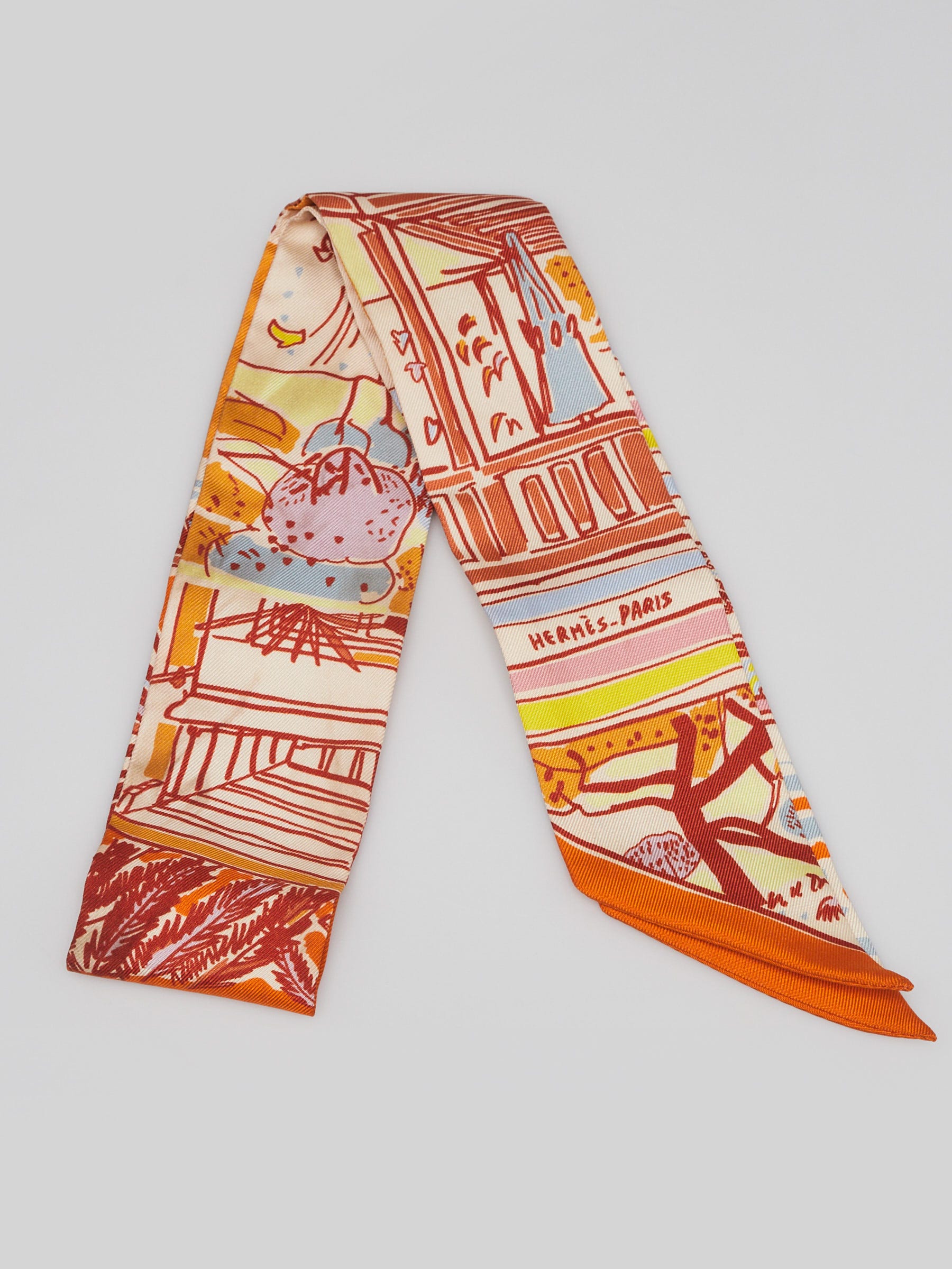 Hermes Orange/Corail/Bleu Rayures d'Ete Printed Silk Twilly